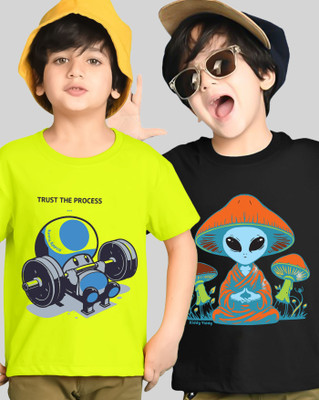 ENITOR Boys Graphic Print Cotton Blend Regular T Shirt(Multicolor, Black, Pack of 2)