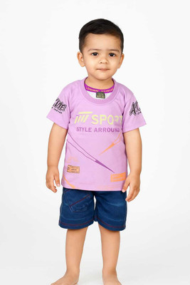 HMAGURI Boys Printed Cotton Blend Regular T Shirt(Pink, Pack of 1)