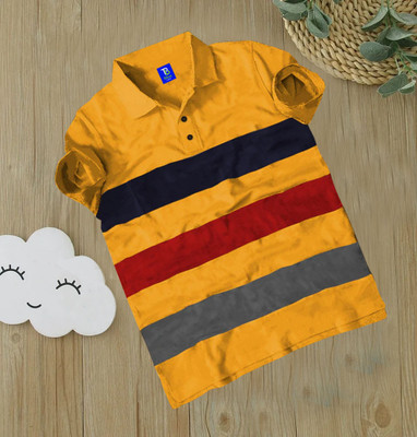 TB Blue Boys Striped Cotton Blend Slim T Shirt(Yellow, Pack of 1)