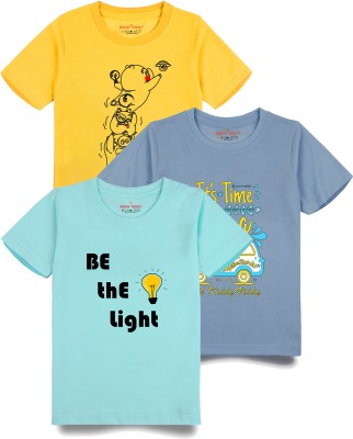 Kiddy Viddy Boys Printed Cotton Blend Regular T Shirt(Light Blue, Pack of 3)