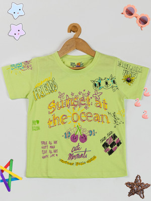 PAMPOLINA Girls Printed Cotton Blend Regular T Shirt(Light Green, Pack of 1)