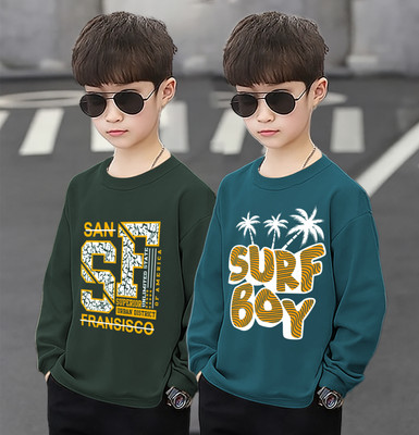 Infinite Picz Boys Typography, Printed Cotton Blend Regular T Shirt(Green, Blue, Pack of 2)