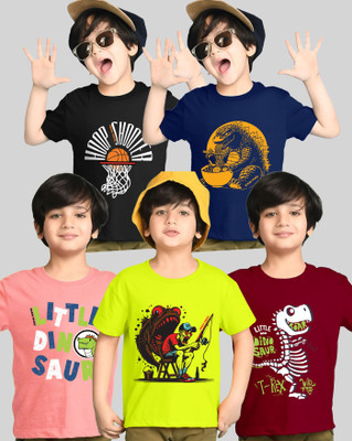 AUSK Boys Printed Cotton Blend Regular T Shirt(Maroon, Black, Pack of 5)