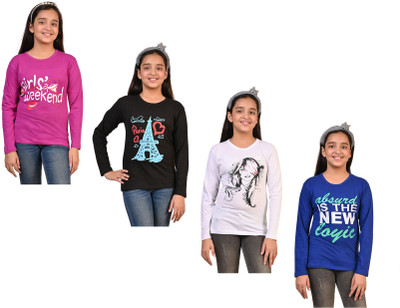 Indistar Girls Printed Pure Cotton Regular T Shirt(Multicolor, Pack of 4)