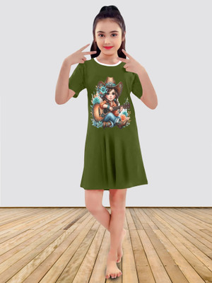 MGRS Girls Above Knee Casual Dress(Green, Short Sleeve)
