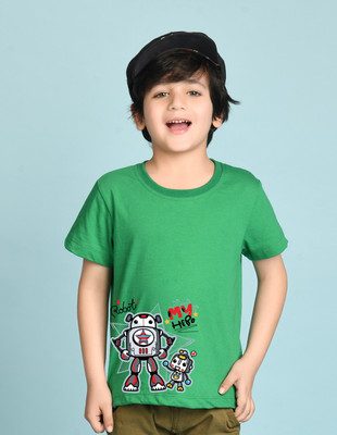 Nusyl Boys Graphic Print Cotton Blend Regular T Shirt(Green, Pack of 1)