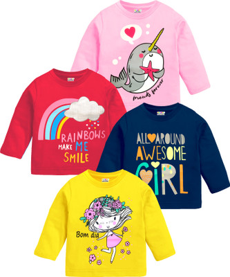 Kuchipoo Baby Girls Graphic Print Cotton Blend Regular T Shirt(Multicolor, Pack of 4)