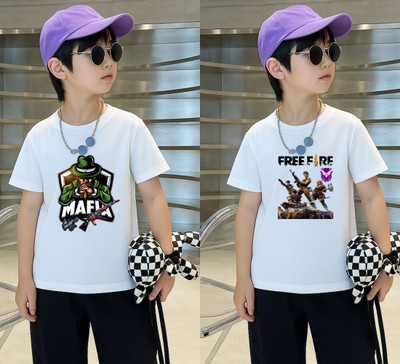 Kintu Parantu Boys Printed Polyester Regular T Shirt(White, Pack of 1)