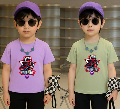 Lecowar Boys Printed Polyester Regular T Shirt(Purple, Green, Pack of 1)