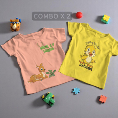 AMUDA Boys & Girls Printed Cotton Blend Regular T Shirt(Multicolor, Pack of 2)