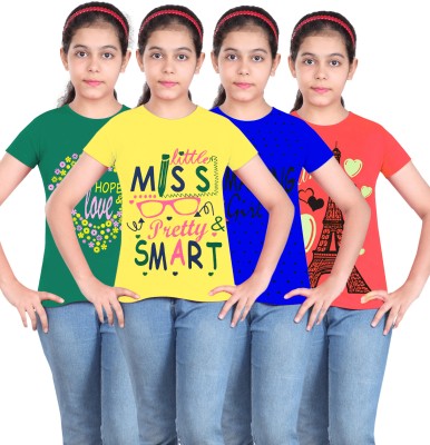 MIST N FOGG Girls Printed Cotton Blend T Shirt(Multicolor, Pack of 4)