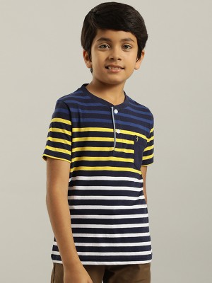 INDIAN TERRAIN Boys Striped Pure Cotton T Shirt(Blue, Pack of 1)
