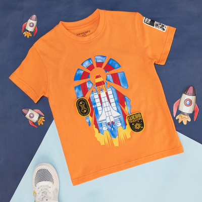 Pantaloons Junior Boys Printed Pure Cotton Regular T Shirt(Orange, Pack of 1)