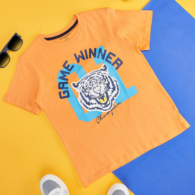 Pantaloons Junior Boys Printed Pure Cotton Regular T Shirt(Yellow, Pack of 1)