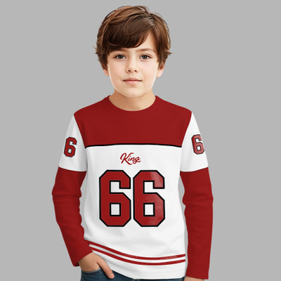 MYEONN Boys Printed Pure Cotton Regular T Shirt(Red, White, Pack of 1)