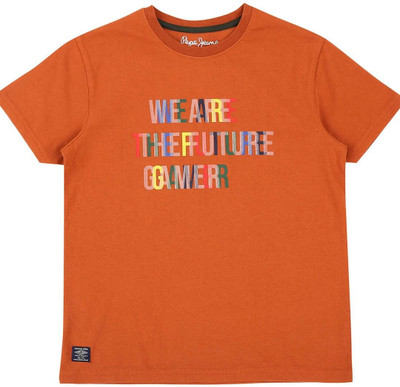 Pepe Jeans Boys Printed Pure Cotton Regular T Shirt(Orange, Pack of 1)