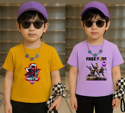 Lecowar Boys Graphic Print Polyester Regular T Shirt(Yellow, Purple, Pack of 2)