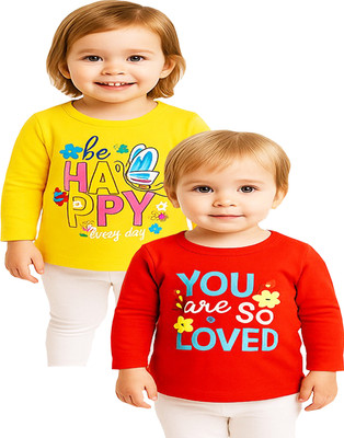 KidzzCart Baby Girls Printed Pure Cotton Regular T Shirt(Multicolor, Pack of 2)