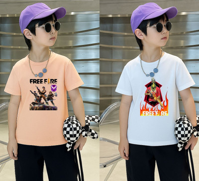 Lecowar Boys Printed Polyester Regular T Shirt(Pink, White, Pack of 2)