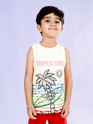 Kiddo Paanti Boys Printed Pure Cotton Regular T Shirt(White, Pack of 1)
