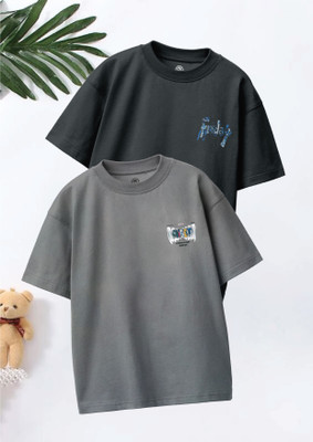 Codez Boys Graphic Print Pure Cotton Oversized T Shirt(Grey, Black, Pack of 2)