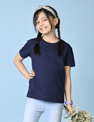 Nusyl Girls Solid Cotton Blend Oversized T Shirt(Blue, Pack of 1)