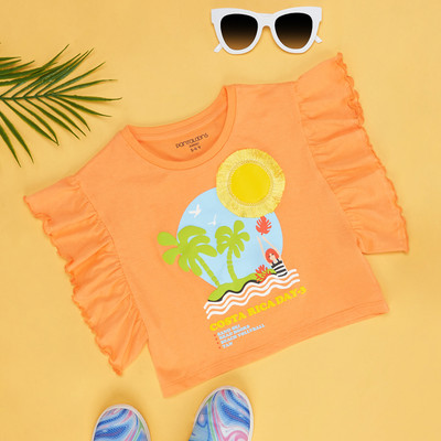 Pantaloons Junior Girls Solid Cotton Blend Regular T Shirt(Orange, Pack of 1)