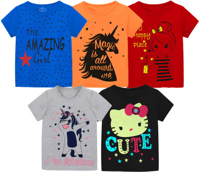 MIST N FOGG Girls Animal Print Cotton Blend Regular T Shirt(Multicolor, Pack of 5)
