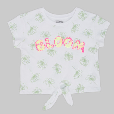 Pantaloons Junior Baby Girls Printed Cotton Blend Regular T Shirt(White, Pack of 1)