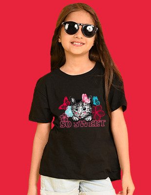 Nusyl Girls Graphic Print Cotton Blend Oversized T Shirt(Black, Pack of 1)