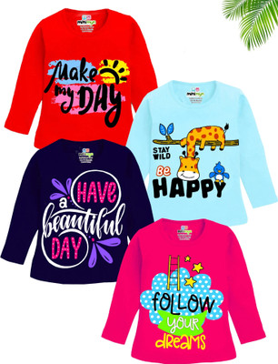 MINI MYN Girls Printed Cotton Blend Regular T Shirt(Multicolor, Pack of 4)