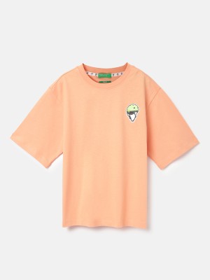 United Colors of Benetton Boys Printed Pure Cotton T Shirt(Orange, Pack of 1)