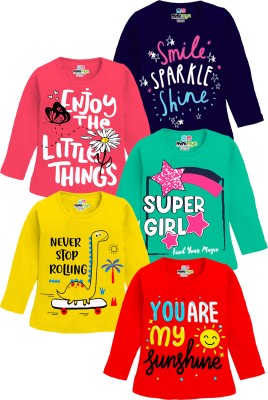 MINI MYN Girls Printed Cotton Blend Regular T Shirt(Multicolor, Pack of 5)