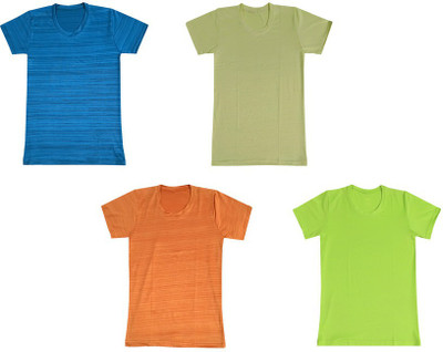 KAVYA Boys Solid Polyester Regular T Shirt(Multicolor, Pack of 4)