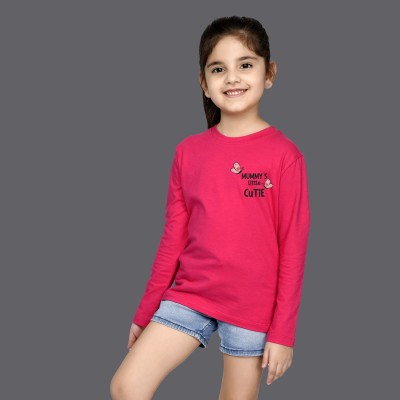 Nusyl Girls Printed Cotton Blend T Shirt(Pink, Pack of 1)