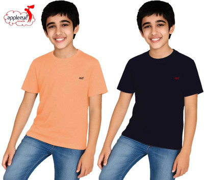 Appleeye Boys Solid Cotton Blend Regular T Shirt(Black, Orange, Pack of 2)