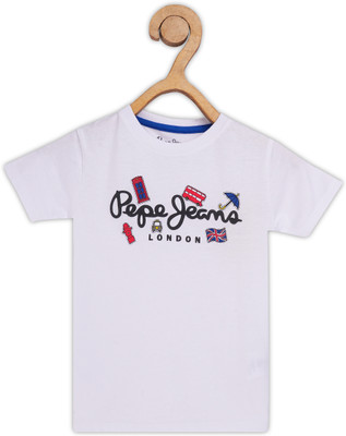 Pepe Jeans Boys Printed Cotton Blend Regular T Shirt(White, Pack of 1)