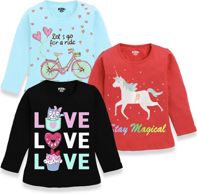 MINI MYN Baby Girls Graphic Print Cotton Blend Regular T Shirt(Red, Pack of 3)