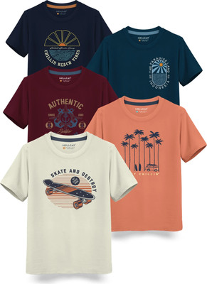 Hellcat Boys Printed Cotton Blend Regular T Shirt(Maroon, Pack of 5)