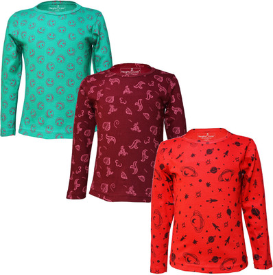 Eazy Trends Girls Printed Pure Cotton Regular T Shirt(Multicolor, Pack of 3)