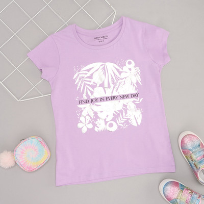 Pantaloons Junior Girls Printed Cotton Blend Regular T Shirt(Purple, Pack of 1)