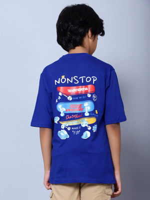 NICK AND JONES Boys Graphic Print Pure Cotton Oversized T Shirt(Blue, Pack of 1)