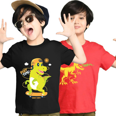 Kiddy Viddy Boys Printed Cotton Blend Regular T Shirt(Black, Red, Pack of 2)