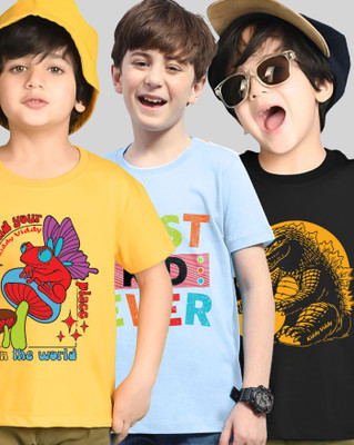 AOOSH Boys Printed Cotton Blend Regular T Shirt(Yellow, Light Blue, Pack of 3)