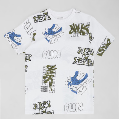 Pantaloons Junior Boys Printed Cotton Blend Regular T Shirt(White, Pack of 1)