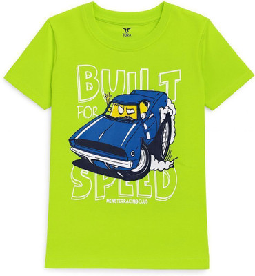 Tora Boys Printed Pure Cotton Regular T Shirt(Green, Pack of 1)