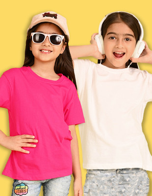 Nusyl Girls Solid Cotton Blend Regular T Shirt(White, Pink, Pack of 2)