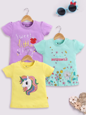 ELEMENOPEE Baby Girls Animal Print Pure Cotton Regular T Shirt(Multicolor, Pack of 3)