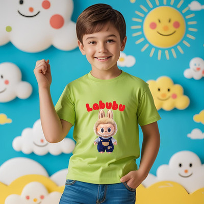 Kidloo Boys Labubu, Graphic Print Cotton Blend Regular T Shirt(Green, Pack of 1)