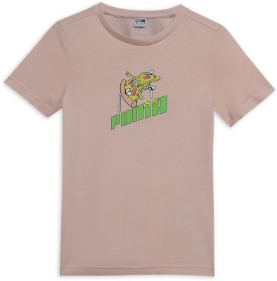 PUMA Boys & Girls Printed Cotton Blend Regular T Shirt(Pink, Pack of 1)